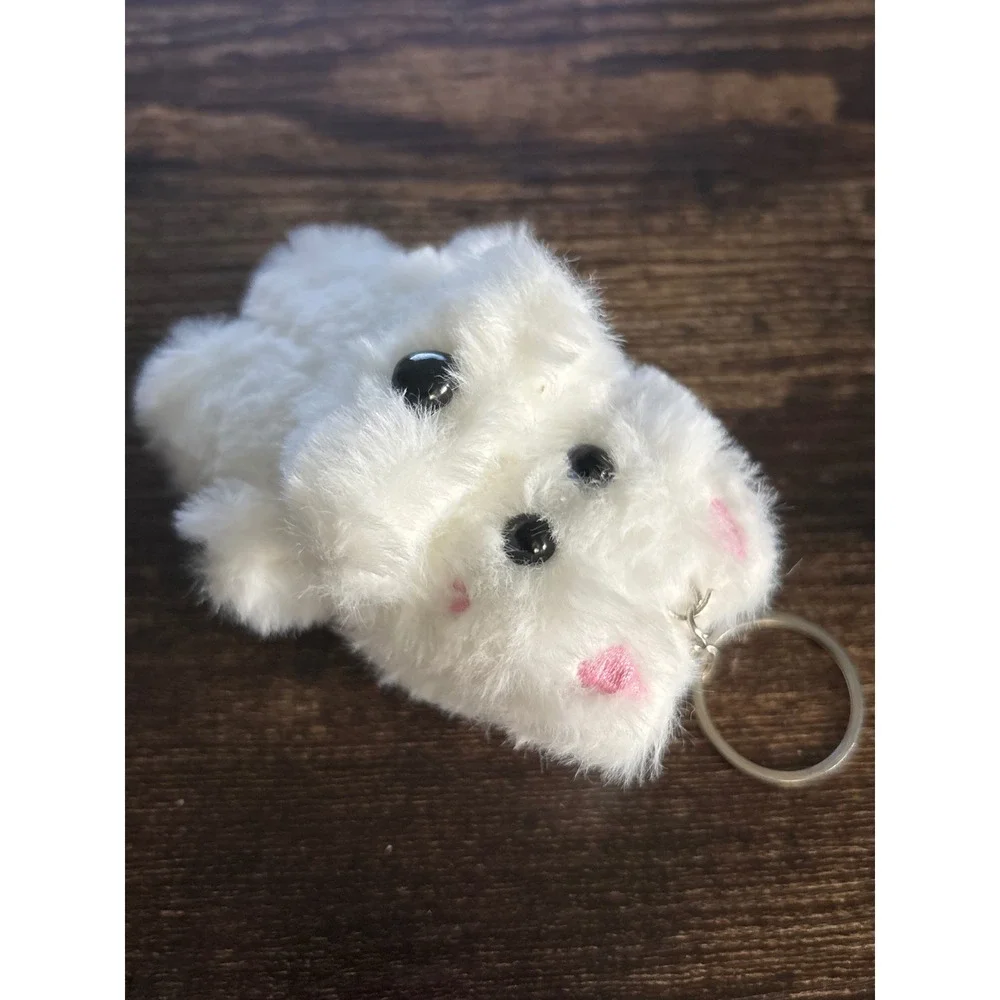 Handmade White Plush Dog Keychain Fuzzy Puppy Bag Charm